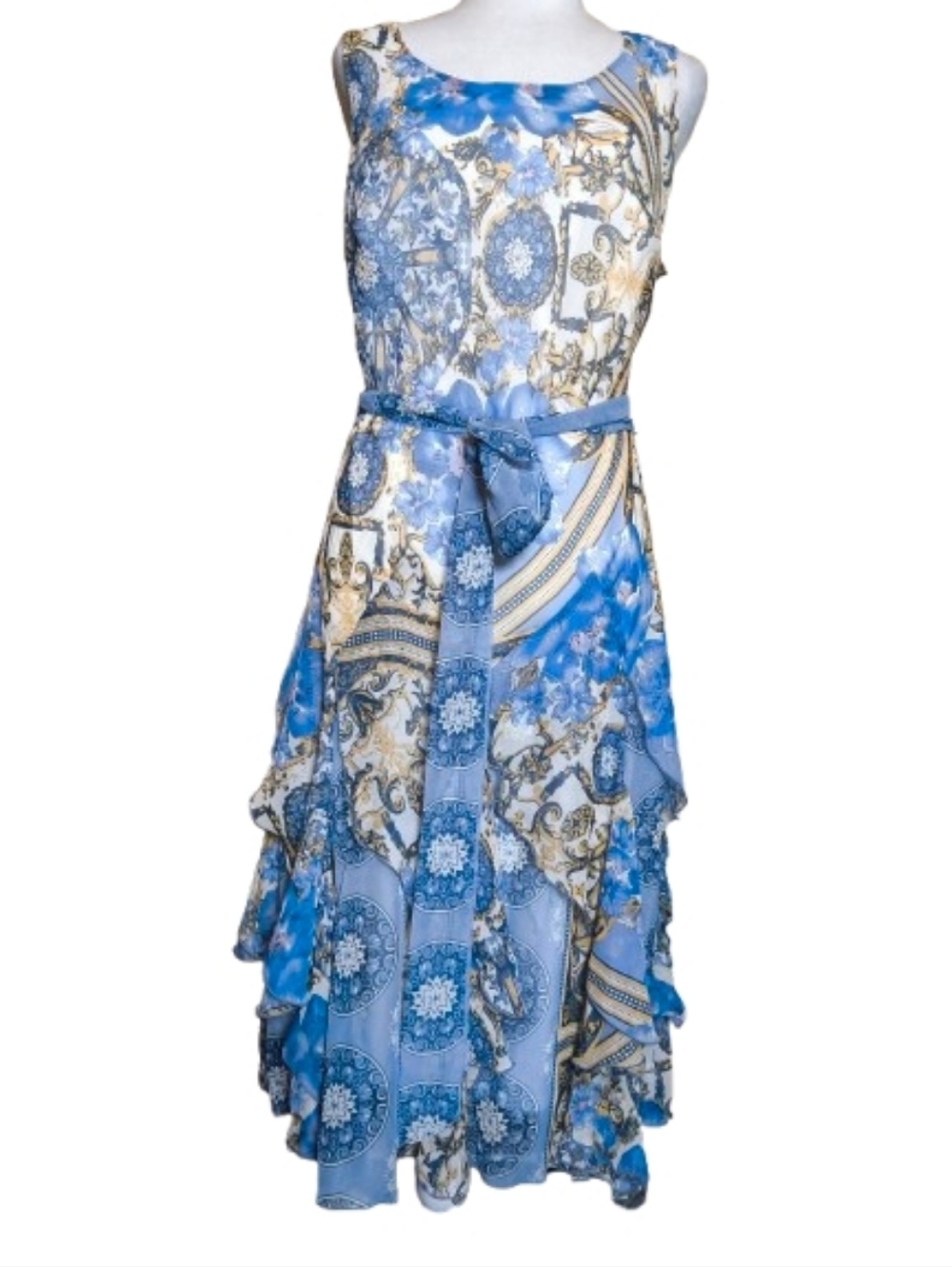 Robbie Bee Sleeveless Blue & Cream Paisley Hankercheif Midi Dress with Tie Waist - Picture 4 of 9